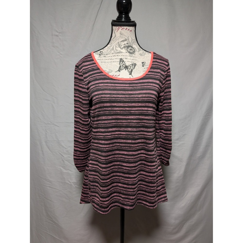 Bobbie Brooks Pink Black Striped Tunic Top‎ Button Tab Sleeves Women's Small